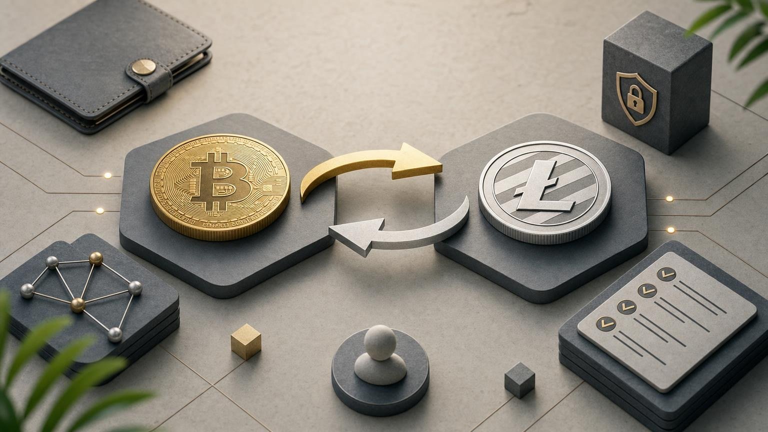 A beginner reviewing Bitcoin deposit details, Litecoin receiving address, exchange rate, fees, and transaction status before swapping BTC for LTC
